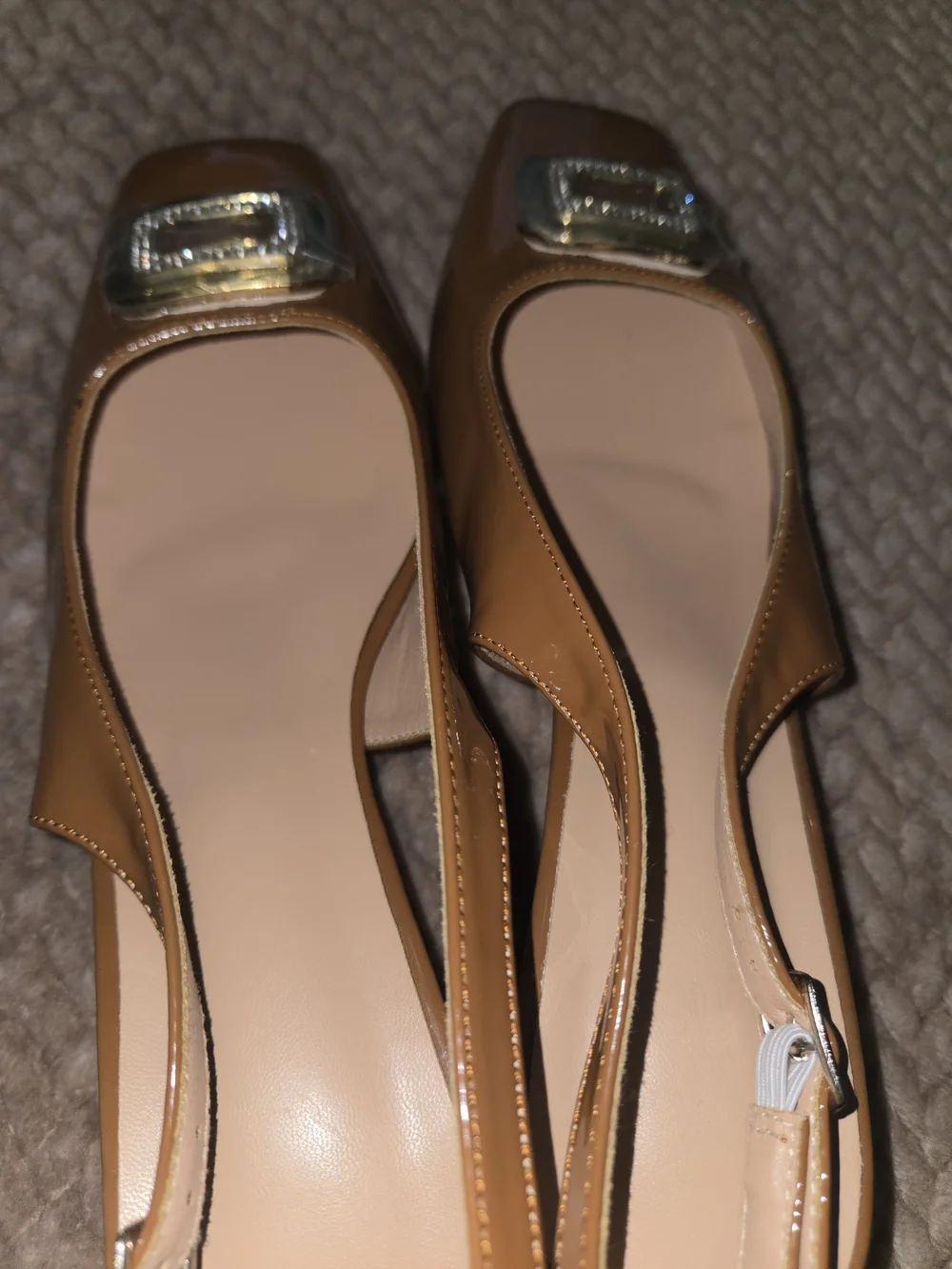 Women's Tan Slingback Block Heel Pumps with Gold Buckle